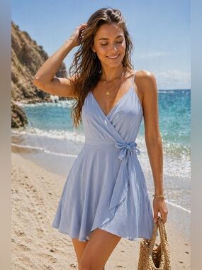Kimchi Blue Light Blue Wrap Tie-Waist Mini Dress
